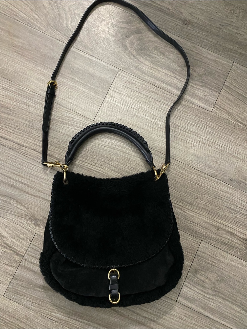 UGG Black Quinn Flap Leather Hobo Bag with Gold Hardware